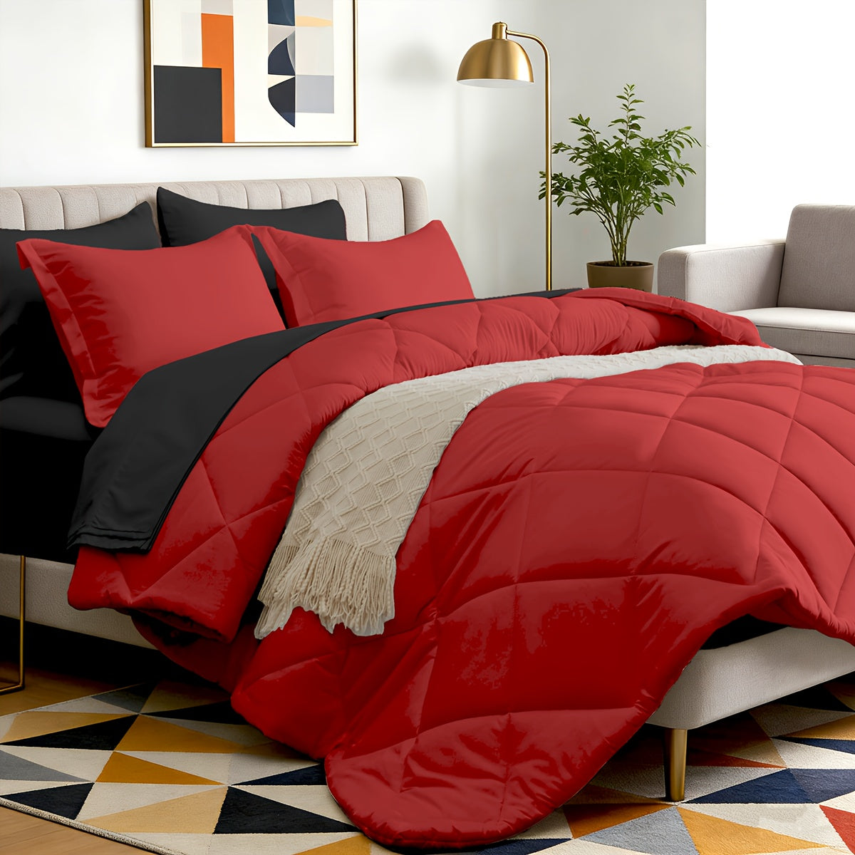 5/7pcs Luxurious Double-sided Checked Pattern Comforter Set-Breathable-Ultra Soft Fluffy Fiber Filling, Warmth for All Seasons-Bed In A Bag with Comforter, Flat Sheet, Fitted Sheet, Pillowcases, And Pillowshams, Family Gift Set, Random Color