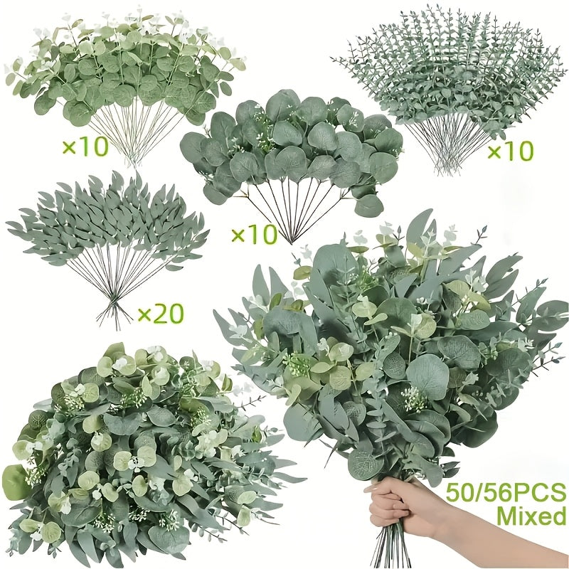 50/56pcs Bulk Artificial Eucalyptus Flowers & Stems with 4 Leaf Varieties - Realistic DIY Wedding, Valentine's, St. Patrick's Day, Spring Decorations - Lifelike Green Foliage Bouquets with White Flowers, Durable Plastic Blooms for Home, Office