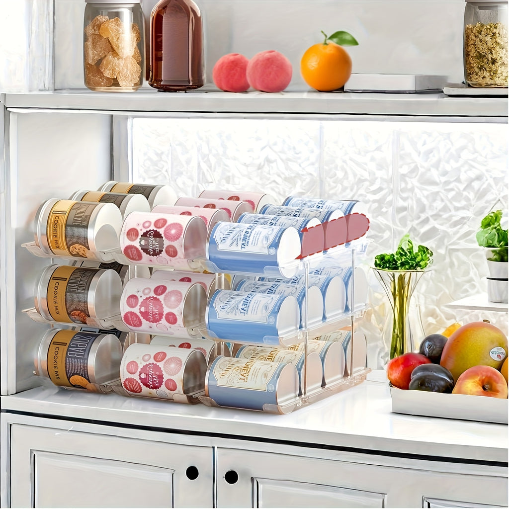 3-Tier Can Organizer Rack for Pantry Fridge 36-Capacity Stackable Rolling Soda Can Storage, Clear Plastic, Space-Saving Automatic Rolling Canned Food Organizer (3 Sets)