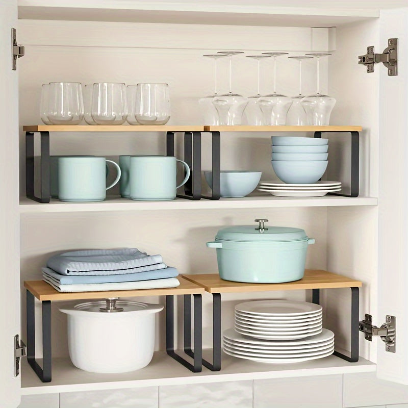 Set of Two Adjustable And Stackable Shelf Organizers - Versatile Wooden Storage Rack for Kitchen Counters, Spices, Bathrooms, And Pantries - a Space-Saving Gift for Home Organization Enthusiasts And Cooking Aficionados