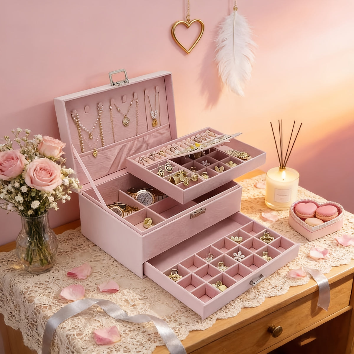 Luxury Velvet Jewelry Organizer Box with Drawers, High-End Jewelry Storage Case, Large Capacity, for Earrings, Rings, Necklaces, Bracelets, Travel Jewelry Organizer Box, Jewelry Boxes
