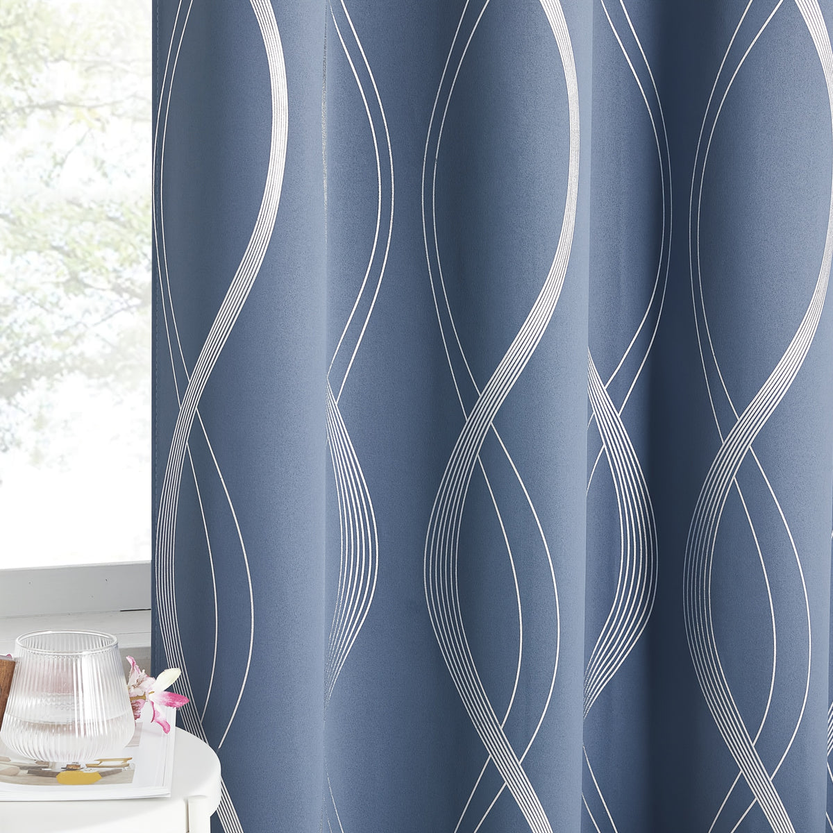 Blackout Curtains 2 Panels Set for Bedroom/Living Room, Noise Reducing Thermal Insulated Wave Line Foil Print Drapes for Patio Sliding Glass Door