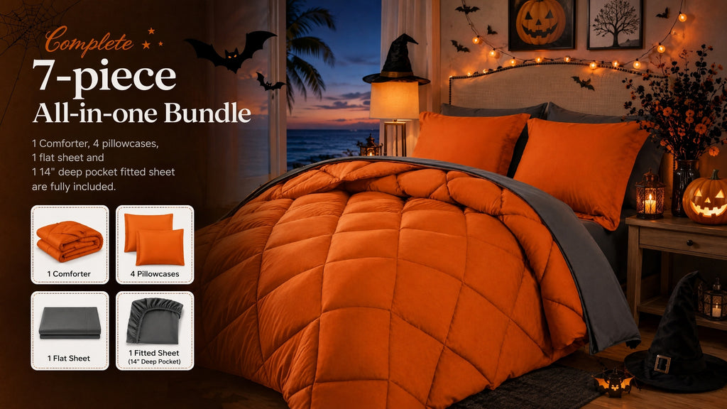 Cosybay 7 Piece Luxurious Comforter Set Queen/King/Full Size, Bed In A Bag Bedding Includes 1 Comforter, 1 Bed Sheet, 1 Fitted Sheet, 2 Pillowcases, 2 Pillow Shams, Soft Complete Bedding for Home Hotel, Perfect for Halloween Holiday, Birthday