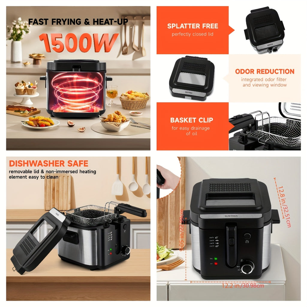 SUSTEAS Household Deep Fryer, Large Capacity Oil Fryer with 5 Sizes, Adjustable Temperature Control, Easy-to-Clean Pot, Made Of Stainless Steel, Local Warehouse, Compact And Durable Design, Stylish Cooking Appliance & Essential Kitchen Tool.