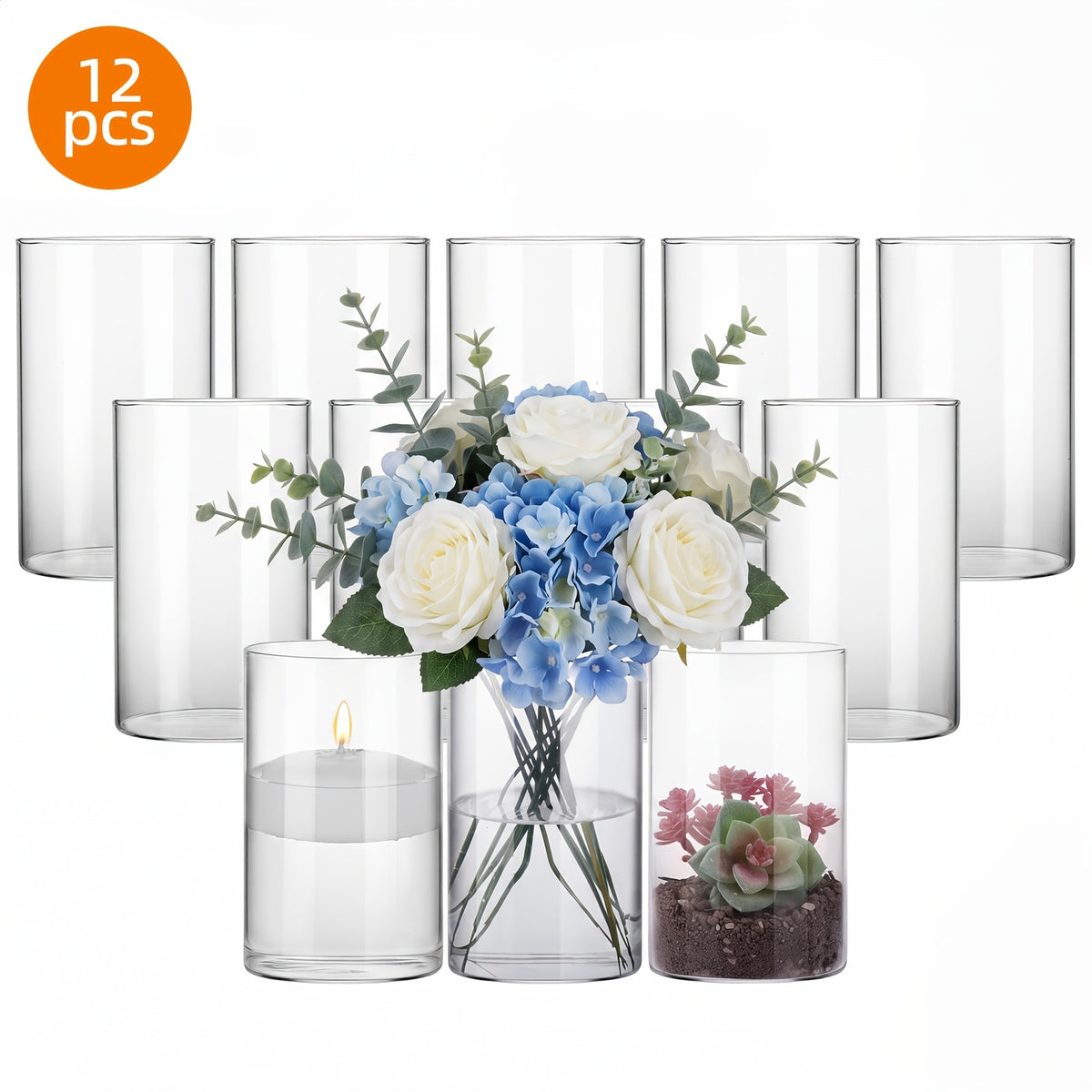 12/24pcs Glass Cylinder Vases for Centerpieces, Flower Vases Wedding Decorations, Floral Vase Bulk for Home DecorBanquet Party Festival Wedding Home Restaurant Table Decor, 6x3.4in