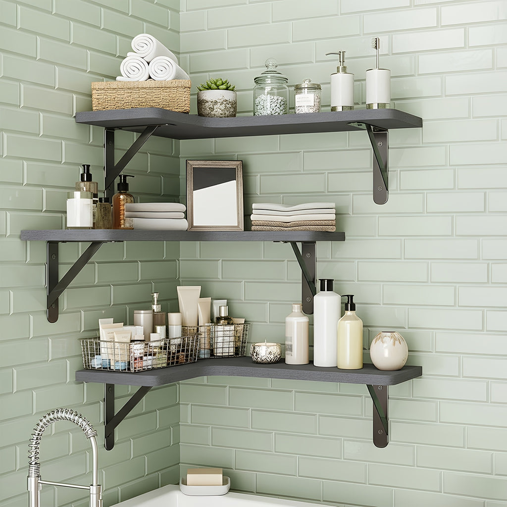 Rustic Wood Corner Floating Shelves, 5-Piece Color Options or 6-Piece Black Wall Storage Set for Bathroom, Kitchen, Bedroom and Living Room Displays