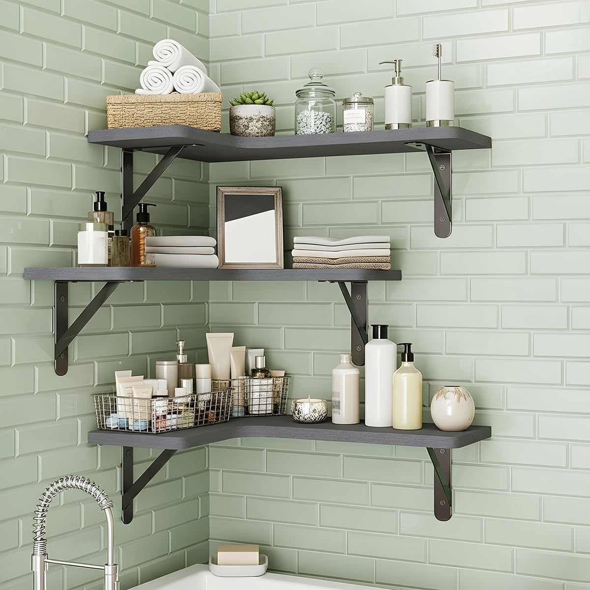 Rustic Wood Corner Floating Shelves, 5-Piece Color Options or 6-Piece Black Wall Storage Set for Bathroom, Kitchen, Bedroom and Living Room Displays