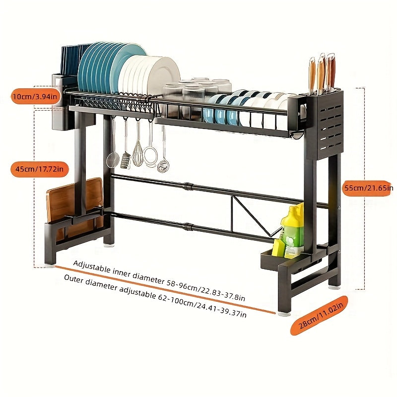1pc Countertop Dish Rack & Drain Tray Extendable Kitchen Sink Shelf Dish Holder & Drain Rack Black Kitchen Storage Rack