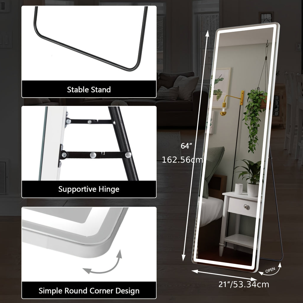 LED Lighted/Not-LED Lighted Full-Length Mirror with Arched/Rect Top - Aluminum Frame Floor-Standing Dressing Mirror for Bedroom & Living Room, Black/Golden/White