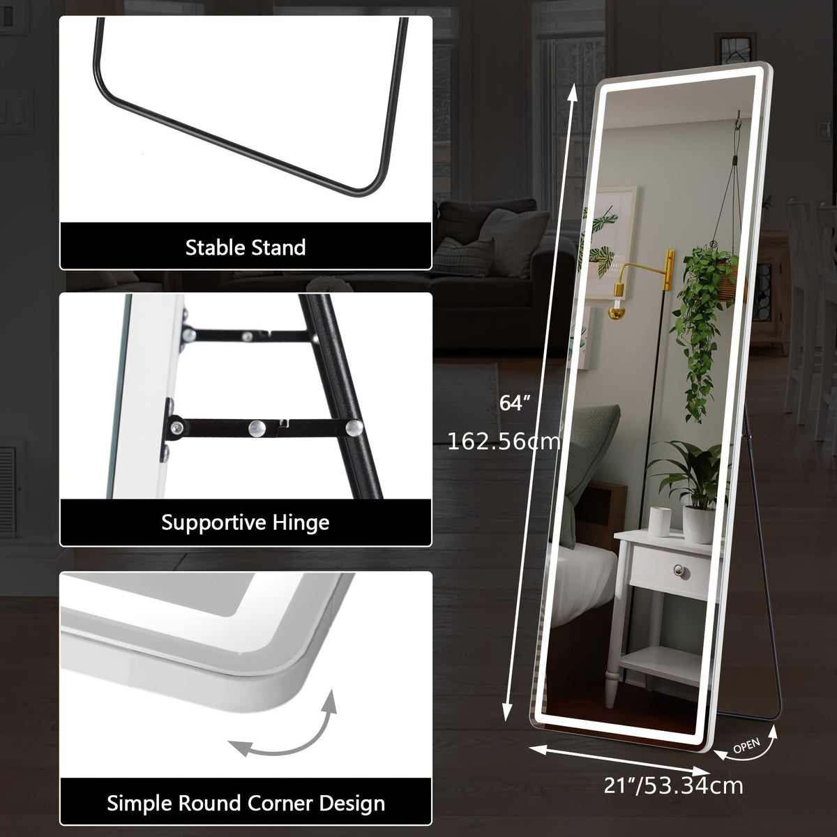 LED Lighted/Not-LED Lighted Full-Length Mirror with Arched/Rect Top - Aluminum Frame Floor-Standing Dressing Mirror for Bedroom & Living Room, Black/Golden/White