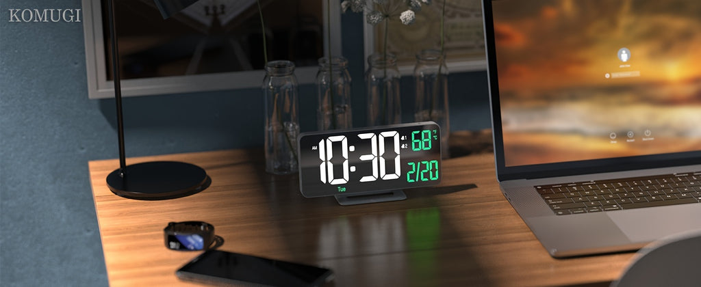1pc Alarm Clock For Bedroom, 6. 7" Desk Digital Clock, Led Clock, Mirror Clock, Dual Alarm Clock For Living Room With Seconds, Date, Week, 12/24h, Dimming
