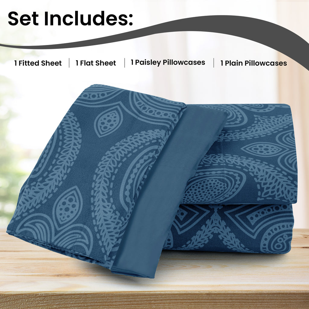 Paisley Microfiber Sheet Set, Soft 100% Polyester Bedding with 16-Inch Deep Pocket Fitted Sheet, Flat Sheet and Pillowcases in Six Bed Sizes