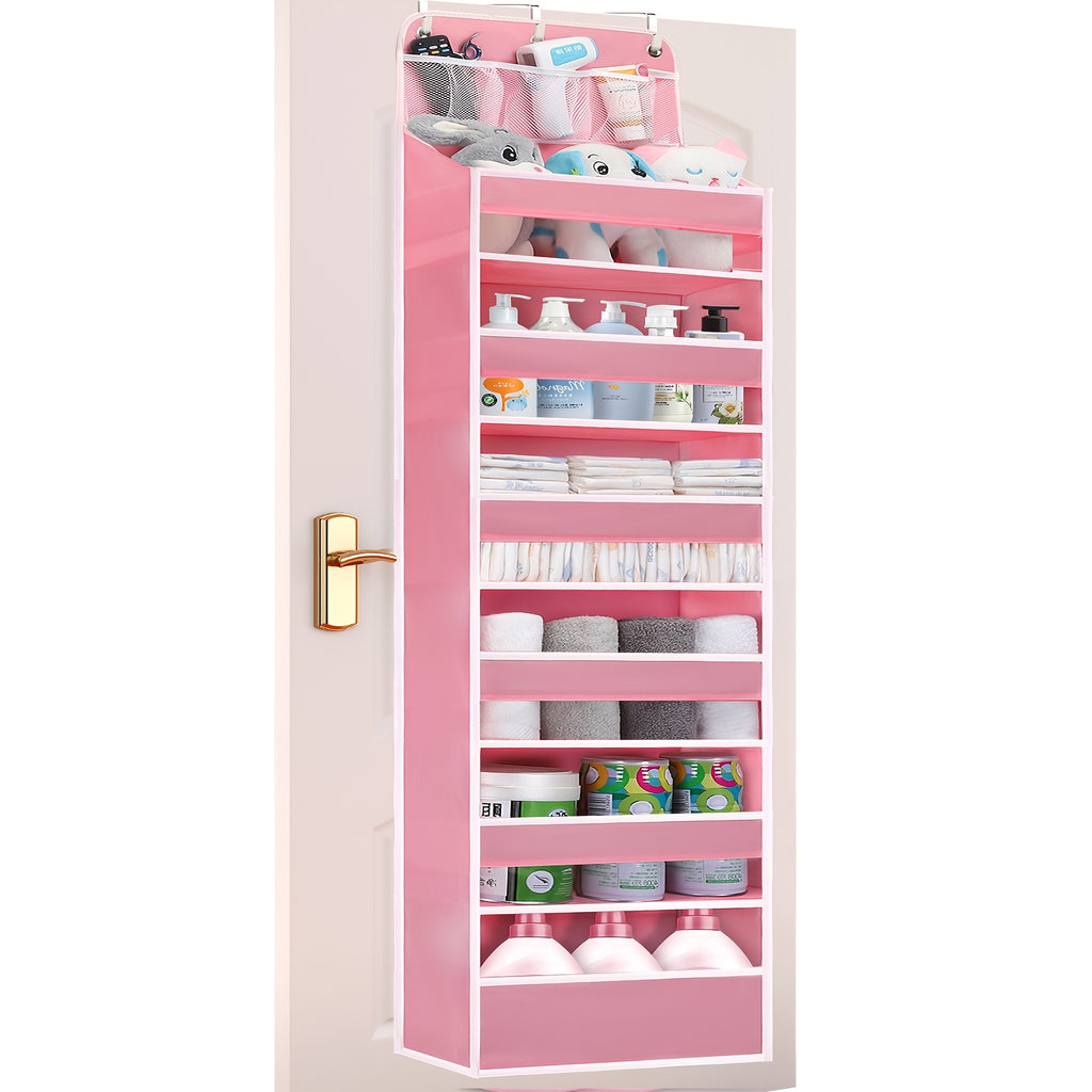 6 Pocket Over Door Organizer, Hanging Storage for Diapers, Shoes and Bathroom Essentials in Pink, Black or Grey for Nursery, Bedroom and Closet