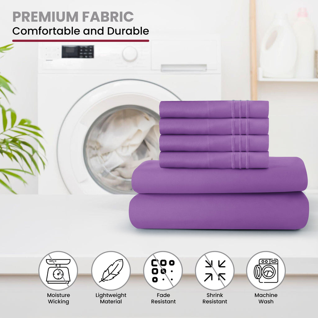 Lux Decor 6 Pieces Solid Bed Sheets Set - Modern Soft Comfortable Bedding Set, Hotel Luxury Skin Friendly Cooling Sheets & Embroidered Pillowcases Without Filler - All Seasons Bed Sheet with 16 Inches deep Pocket, Breathable Skin Friendly & Cooling Sheets