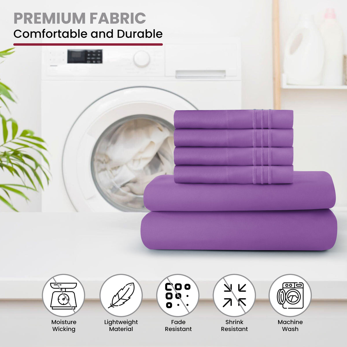 Lux Decor 6 Pieces Solid Bed Sheets Set - Modern Soft Comfortable Bedding Set, Hotel Luxury Skin Friendly Cooling Sheets & Embroidered Pillowcases Without Filler - All Seasons Bed Sheet with 16 Inches deep Pocket, Breathable Skin Friendly & Cooling Sheets