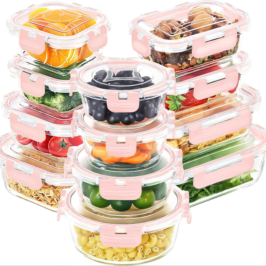 Glass Lunch Storage Containers with Lids, 12-Piece Food Storage Set with Pink Option for Meal Prep, Work Lunches and Kitchen Organization