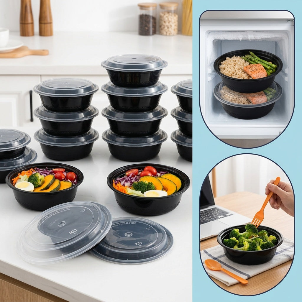 100pcs (50 Containers & 50 Lids) Black Round Meal Prep Containers 24oz Stackable and Leakproof Food Storage Container Set Disposale Bento Box Ideal for Takeout and Meal Prep Microwave & Dishwasher & Freezer Safe