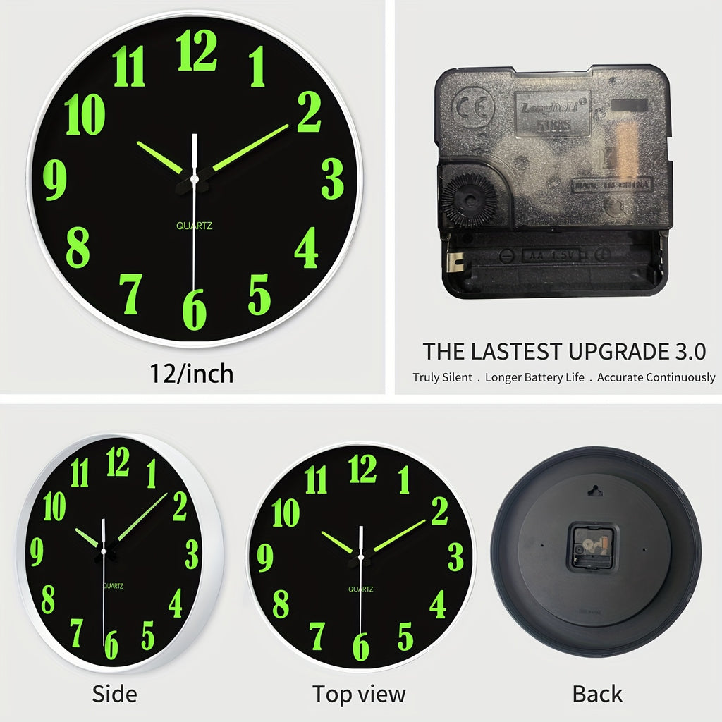 8-16 Inch Modern Black Glow-in-the-Dark Wall Clock, Silent No-Ticking, Battery Powered, Decorative Clock for Living Room, Bedroom, Office & Kitchen, Plastic Frame with High-Transparency Glass Mirror, Perfect Christmas & Housewarming Gift