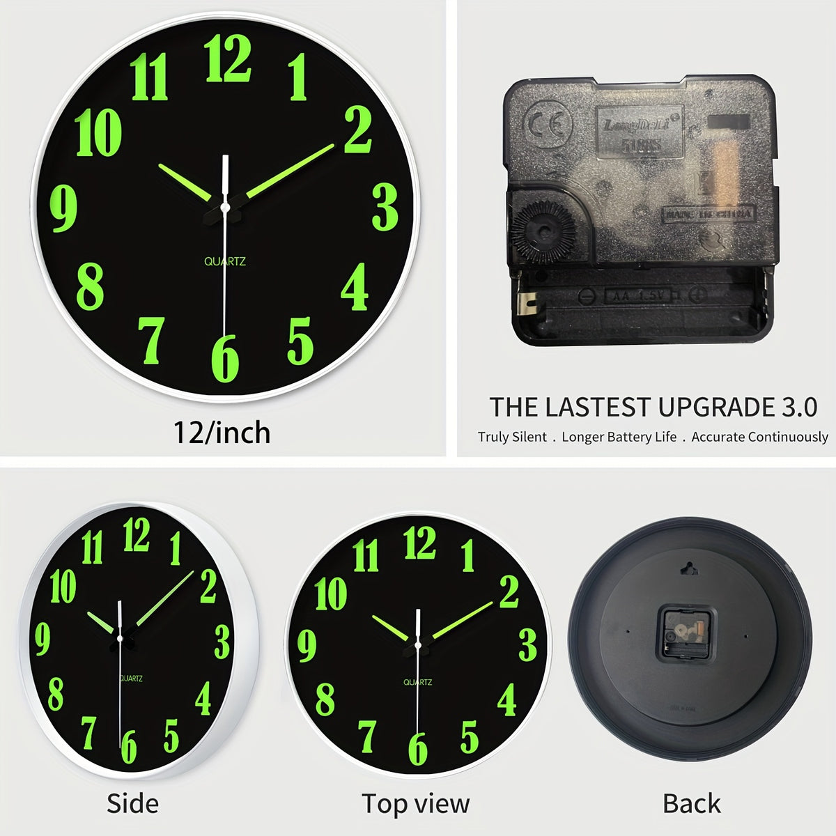 8-16 Inch Modern Black Glow-in-the-Dark Wall Clock, Silent No-Ticking, Battery Powered, Decorative Clock for Living Room, Bedroom, Office & Kitchen, Plastic Frame with High-Transparency Glass Mirror, Perfect Christmas & Housewarming Gift