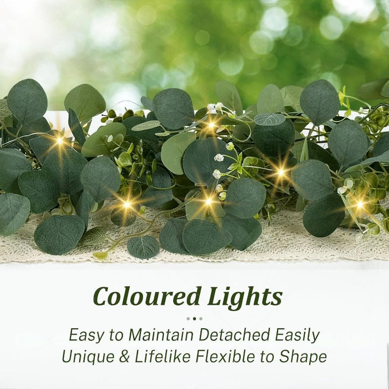 LED Eucalyptus Greenery Vines, 2-Pack Artificial Leaf Garland with Listed 6-Foot Length and Warm Lights for Wedding Tables, Centerpieces and Home Decor