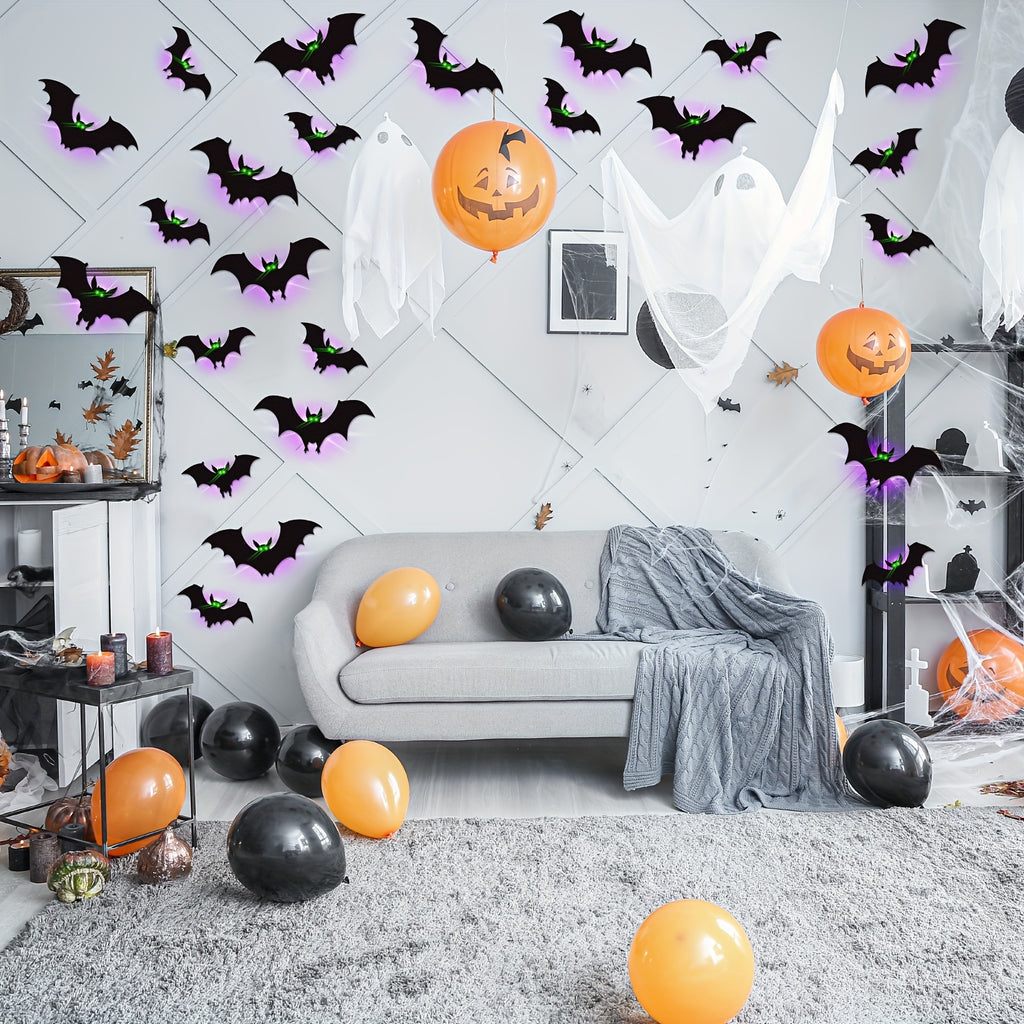 24 Packs Halloween Bats Decorations Wall Stickers with Glow in The Dark Eyes, 4 Different Styles Removable PVC Wall Bat Stickers for Indoor Outdoor Home Window Garage Decor Party Supplies