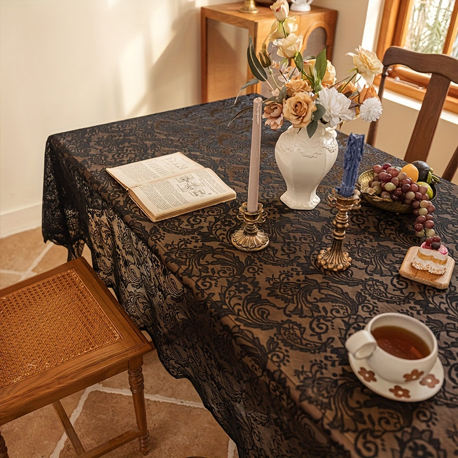 Elegant White Lace Tablecloth with Intricate Phoenix Tail Flower Embroidery - Perfect for Weddings, Receptions, Dinners, and Home Decor - Polyester, Rectangular, Machine-Made, Holiday Table Setting|Floral Lace Design|Polyester Fabric