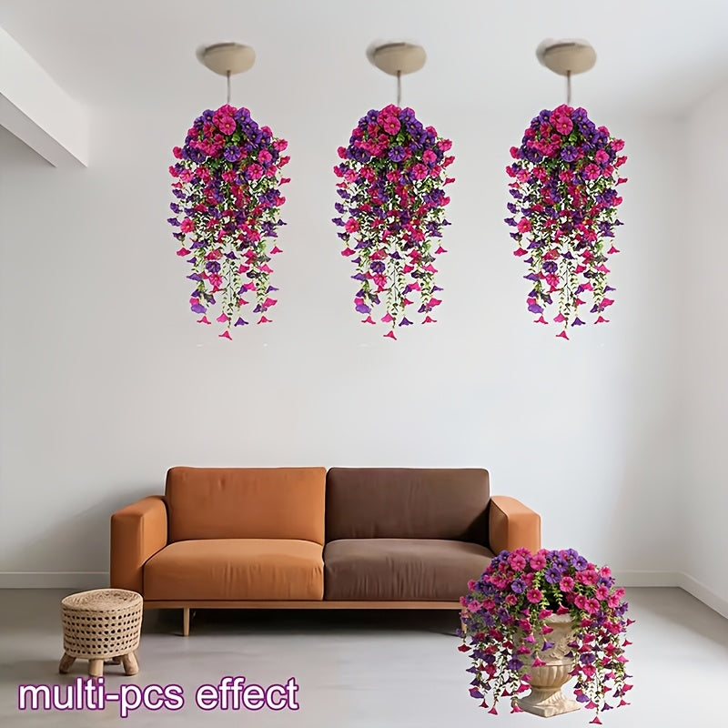 3 Morning Glory Hanging Flowers +1 Persian Grass, Mixed with Textile Morning Light And Eucalyptus Leaves, UV-resistant, True Artificial Plants, Suitable for Outdoor Home, Office And Garden Decoration On Mother's Day, Especially for Thanksgiving