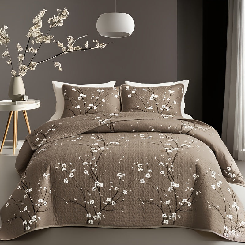 2/3pcs Multicolour Tree Branch Plum Blossom Quilted Quilt, 1pc Quilted Quilt+ 1/2pcs Pillowcases, Soft Breathable Comfortable Portability Hypoallergenic Machine Washable Bed Cover Bedding Room Decor, Twin/ Queen/ King Size