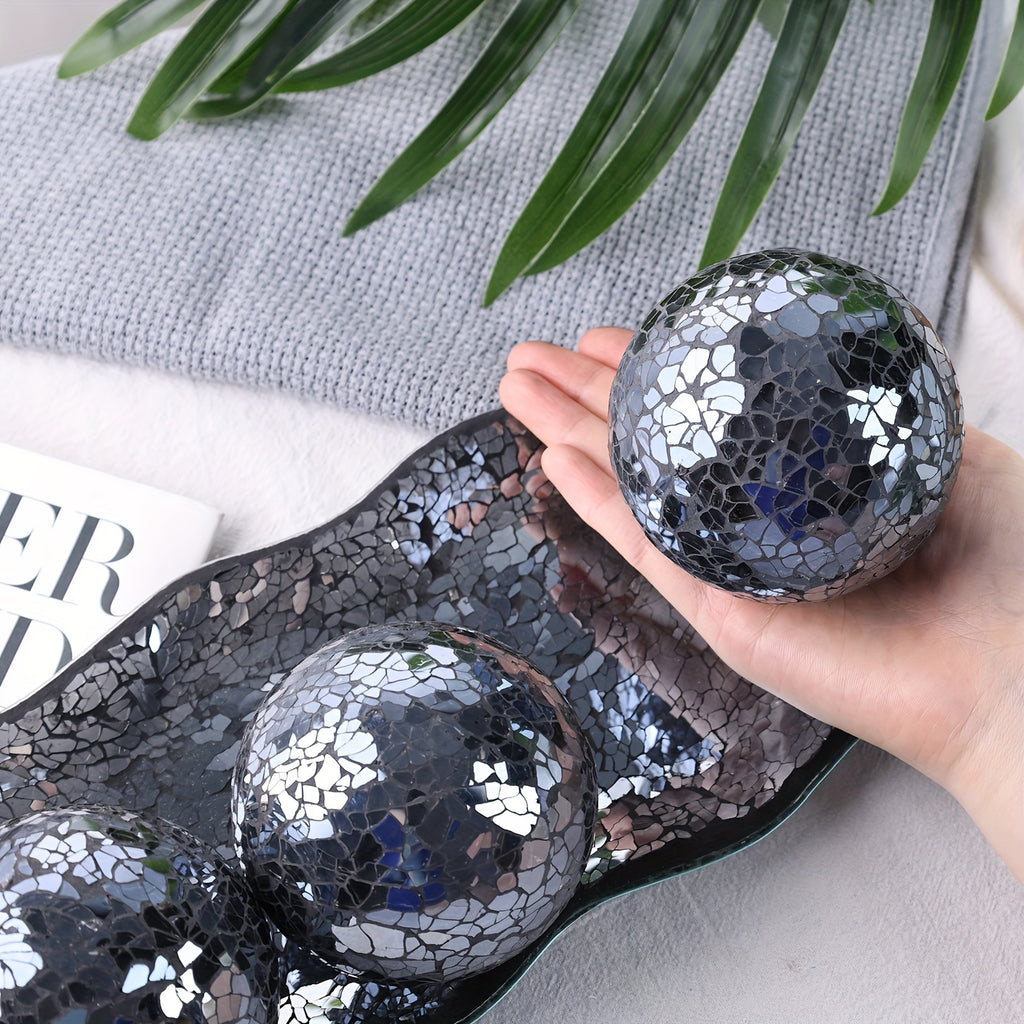 Decorative Glass Balls with Tray, 3-Piece 3-Inch Sphere Set and Glass Display Tray for Coffee Table Centerpieces, Dining Room and Living Room Decor