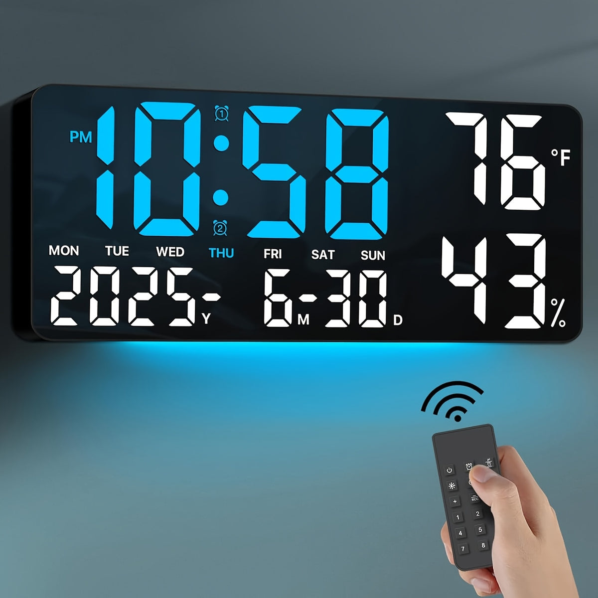 Large Screen LED Alarm Clock - Luminous Display of Week, Temperature, Humidity, and Timer - Ideal for Bedroom, Living Room, and Office with Sleek Modern Design.