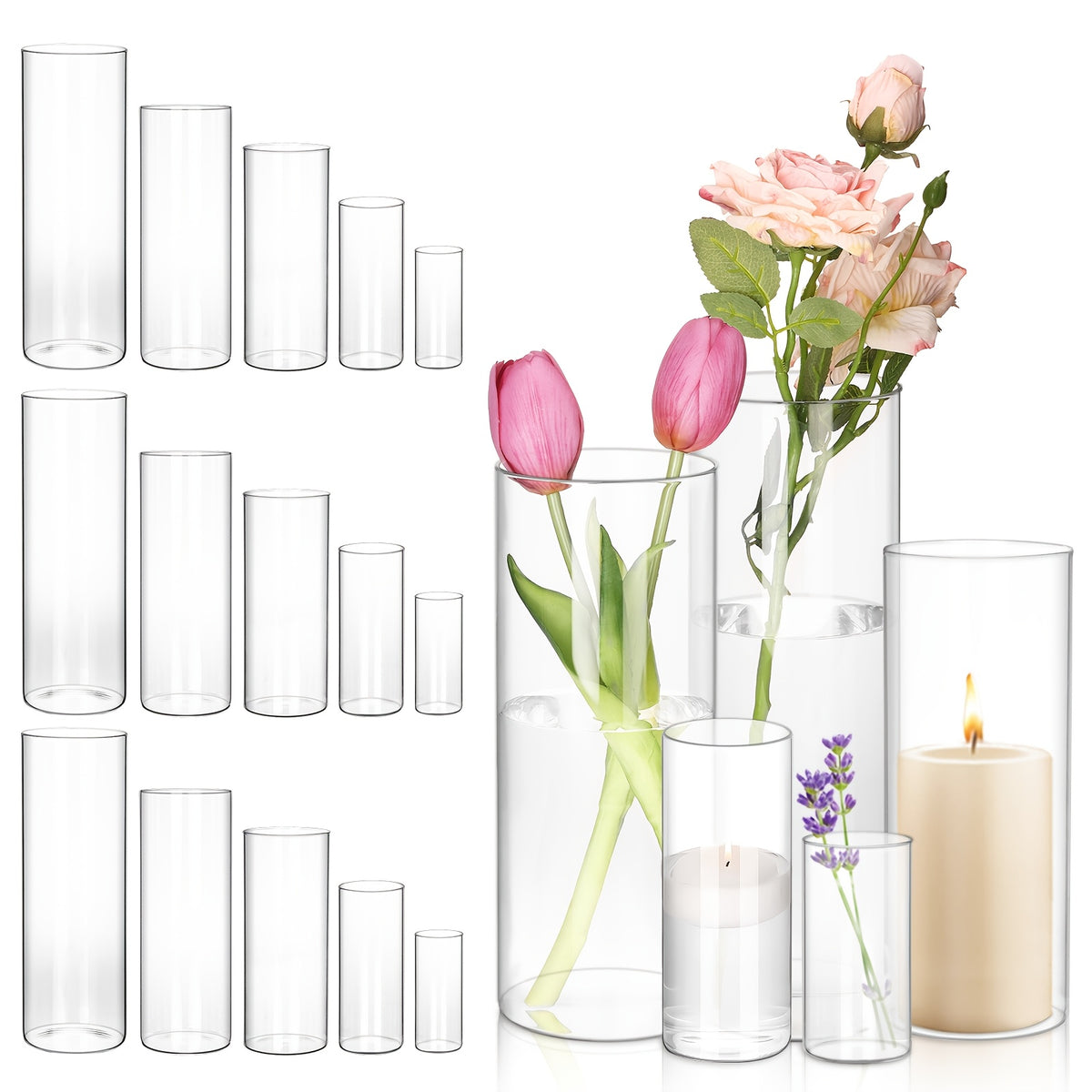 TOMNK 15/20/25/30pcs Glass Cylinder Vases, 5 Sizes Transparent Vase, Hurricane Vases, Glass Flower Vases for Wedding Decorations, Home Decor, Party, Home, Office Decoration, Decoration Vase for Teacher Appreciation, Mother's Day And Graduation Gifts