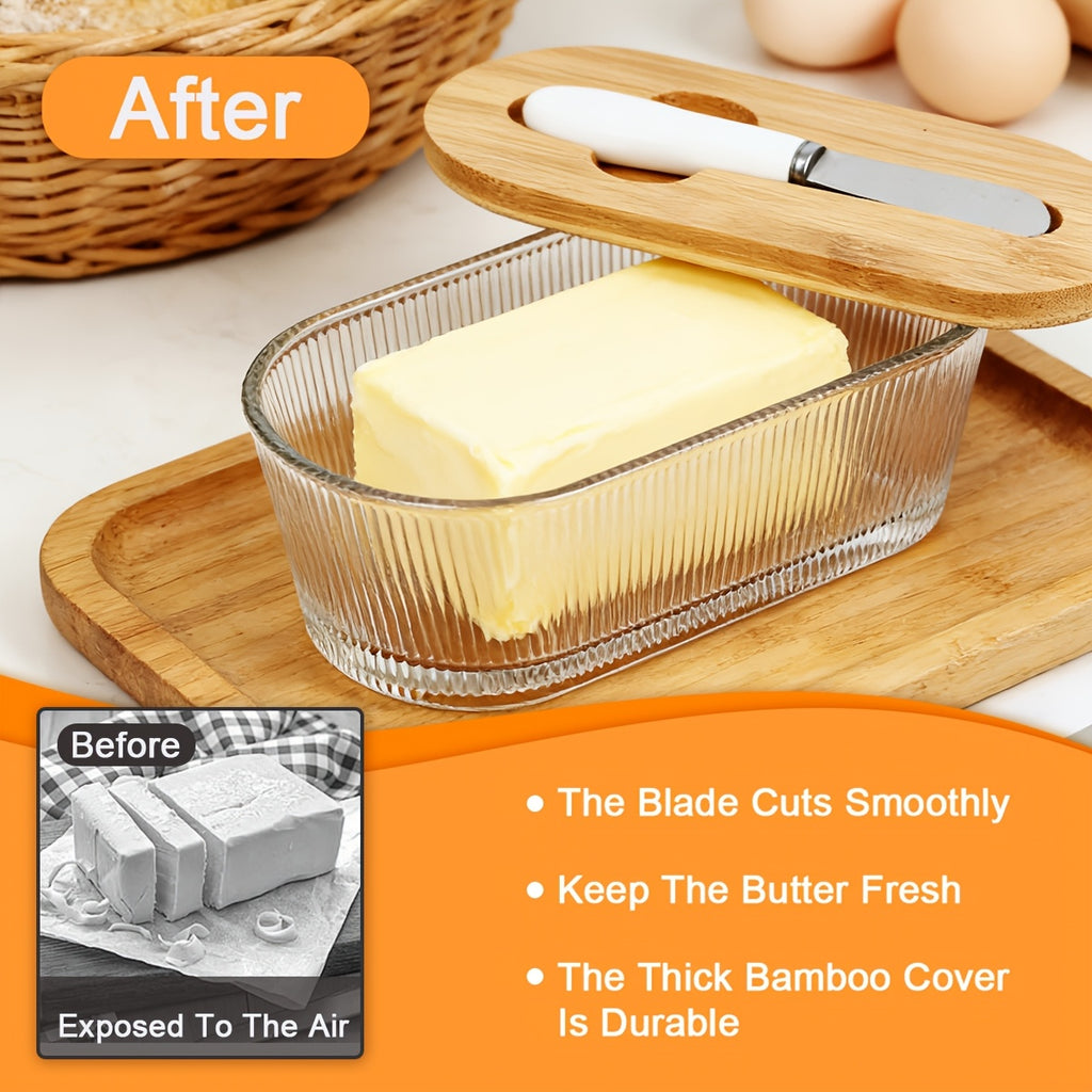 Glass Butter Dish with Airtight Sealed Lid - Preserves Butter Freshness, Butter Keeper for Countertop & Refrigerator Door Storage, Hygienic Butter Tray Suitable for The Fridge - Covered Butter Dishes with Lid
