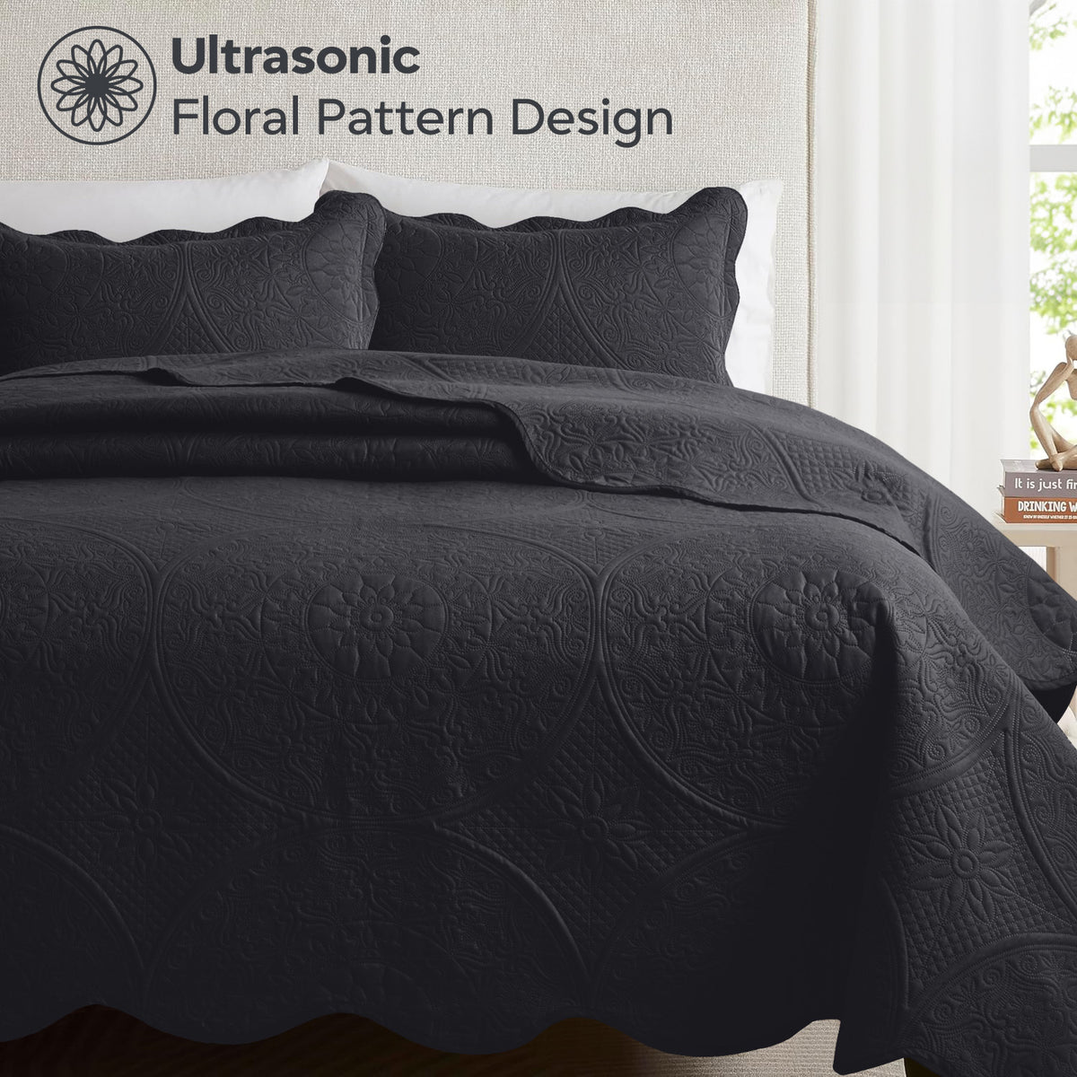 3pcs Luxury Quilted Bedspread Set – Oversize Quilt Coverlet Soft & Cozy Floral Bedspread with Pillow Shams, Breathable Lightweight for Bedroom & Guest Room Decor