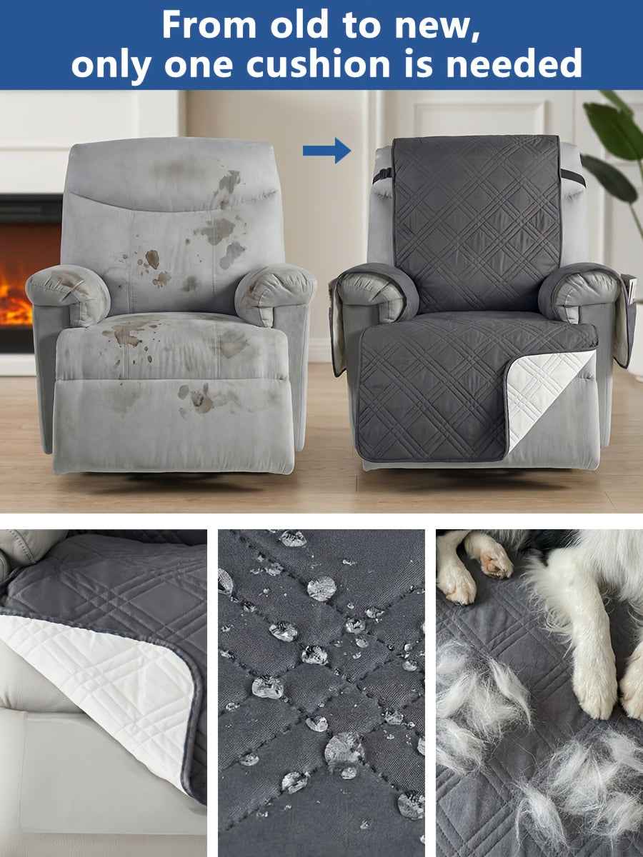 Recliner Protector Cover with Side Pocket, One-Piece Quilted Chair Cover with Elastic Band for Pet Households and Everyday Living Room Furniture Care