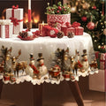 Vintage Christmas Tablecloth with Snowman, Reindeer and Tree Design, Red Polyester Holiday Table Cover in Round, Oval and Rectangular Sizes