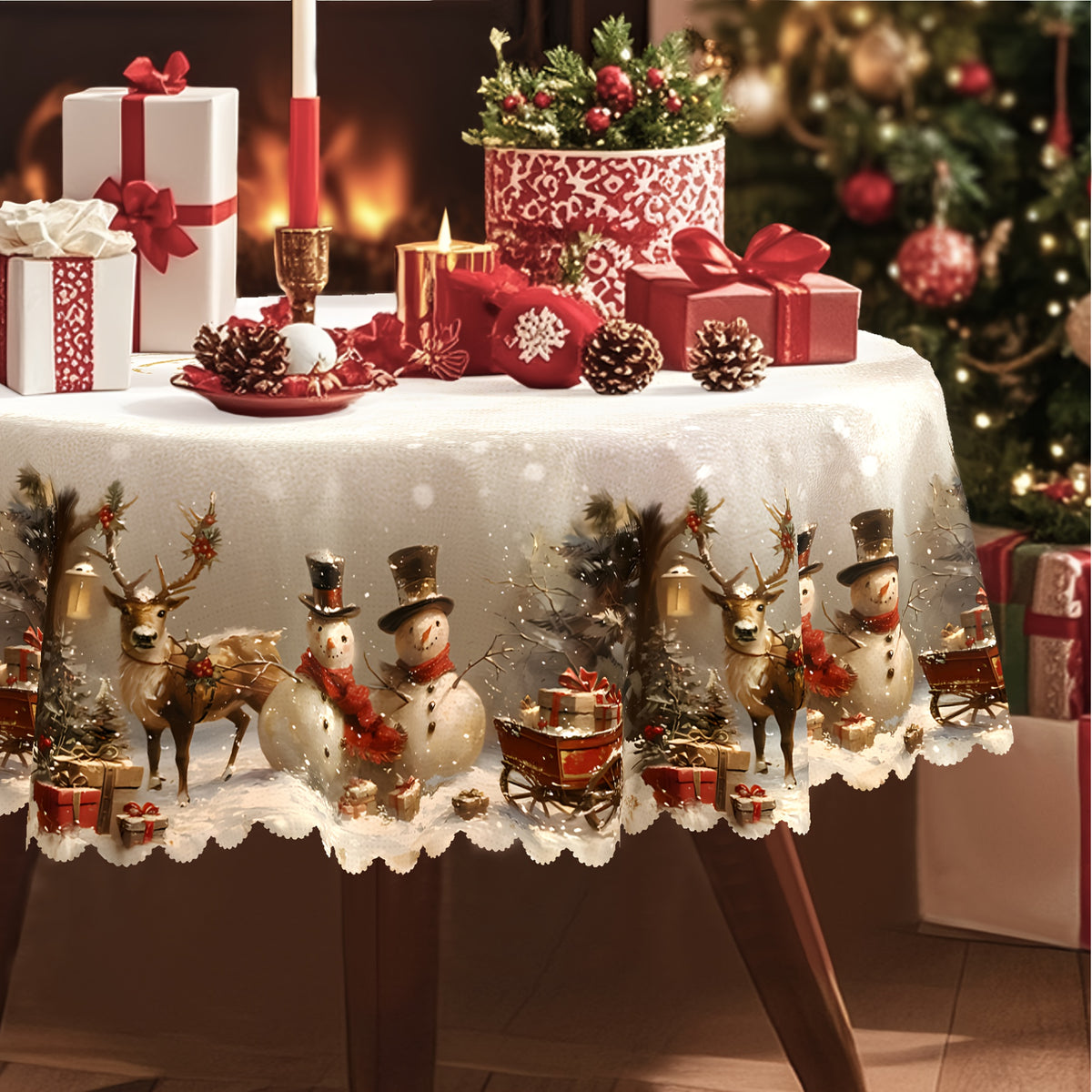 Christmas Tablecloth with Vintage Snowman Reindeer & Christmas Tree - Red & Holiday Table Suitable for Rectangular, Round, Oval Tables - Durable Polyester Fabric for Party, Home, Restaurant Decorations