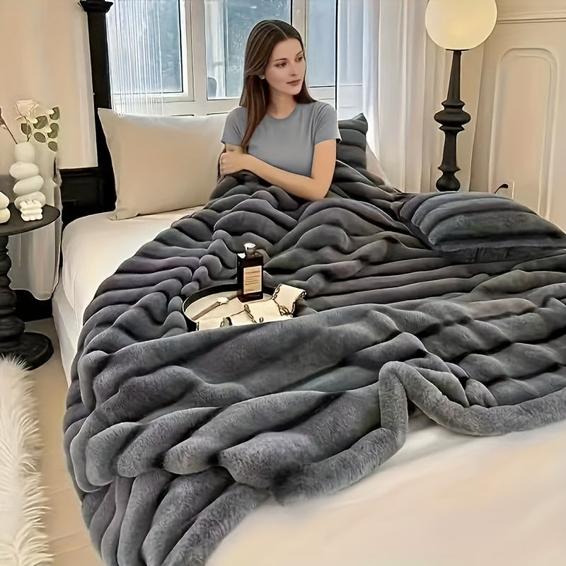 A Faux Rabbit Fleece Blanket, Double Layer Thickened, All Season, King/Queen Size, Winter Blankets Soft Warm, Throw For Adults Reversible Machine Washable Blanket, For Home, Car, Office, Travel, Couch Cover, Christmas, Halloween Gift, Birthday Gift