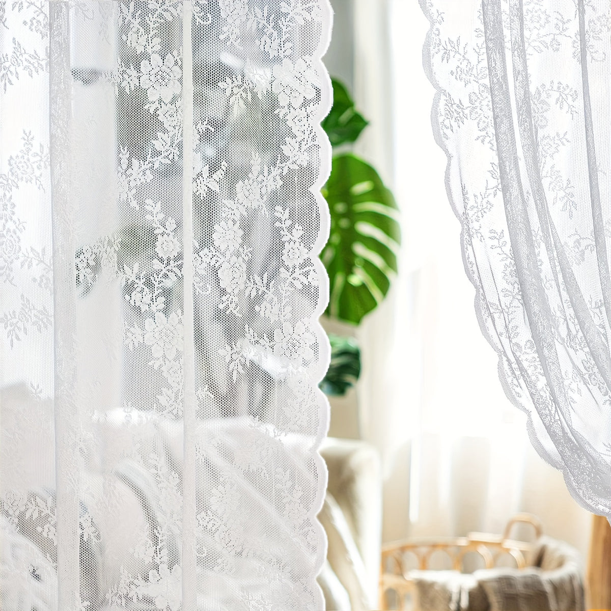 Romantic Pastoral Lace Sheer Curtain for Balcony and Office, Translucent Window Drapery with Floral Pattern, Machine Washable Polyester, Rod Pocket Design - 1pc