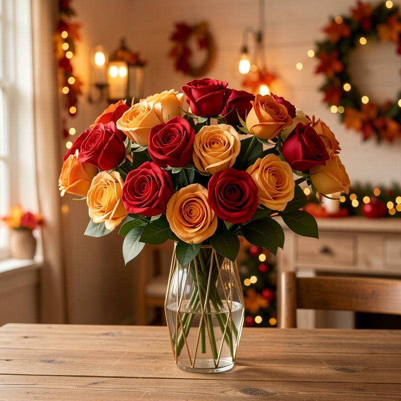 Mixed Color Artificial Roses, 6-Piece Faux Flower Set in White, Yellow, Champagne, Red, Orange and Pink for Wedding Centerpieces and Home Decor