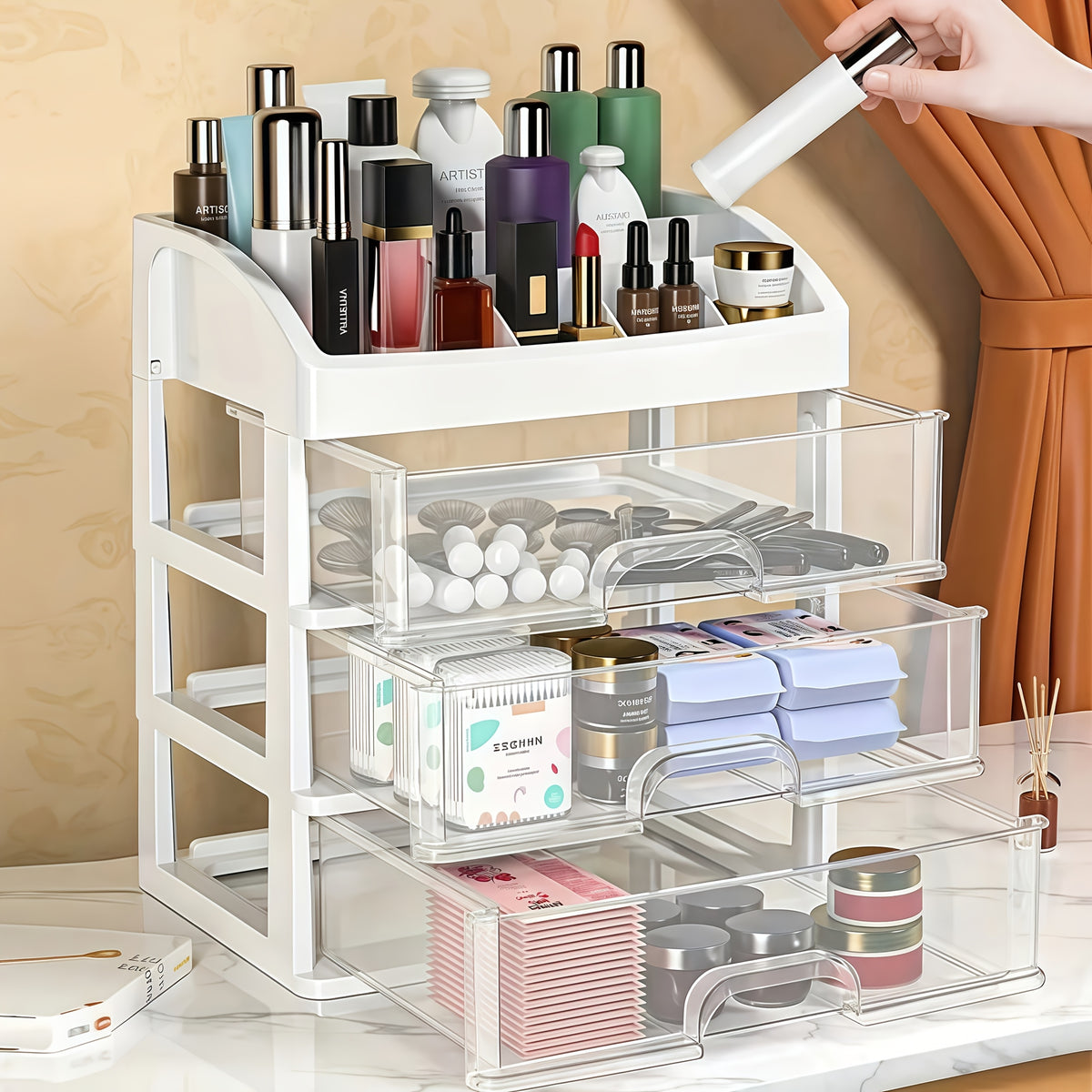 Large Capacity 4-Layer Plastic Cosmetic Storage Rack with 3 Pull-Out Drawers - Multi-Purpose Skincare, Medicine, Stationery Desktop Organizer - No Installation Pull-Out Shelf for Bathroom And Home Decor - Gift for Thanksgiving, Christmas, Halloween