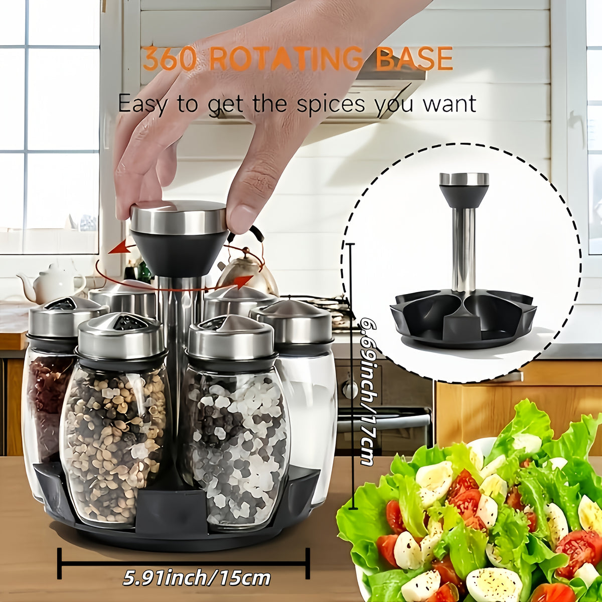 Rotating Spice Rack with Glass Jars, 6 or 12 Seasoning Bottles with Adjustable Dispensing Lids and Single or Double Tier Kitchen Storage Organizer