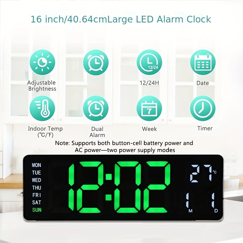 1pc 16inch Smart Digital Wall Clock - Large Color LED Display, Auto 10-Level Brightness, 12/ 24H Time, Temperature/ Humidity Monitor, Dual Alarm with Snooze, USB Powered, Perfect for Living Room/ Office/ Bedroom(Includes Remote Control)