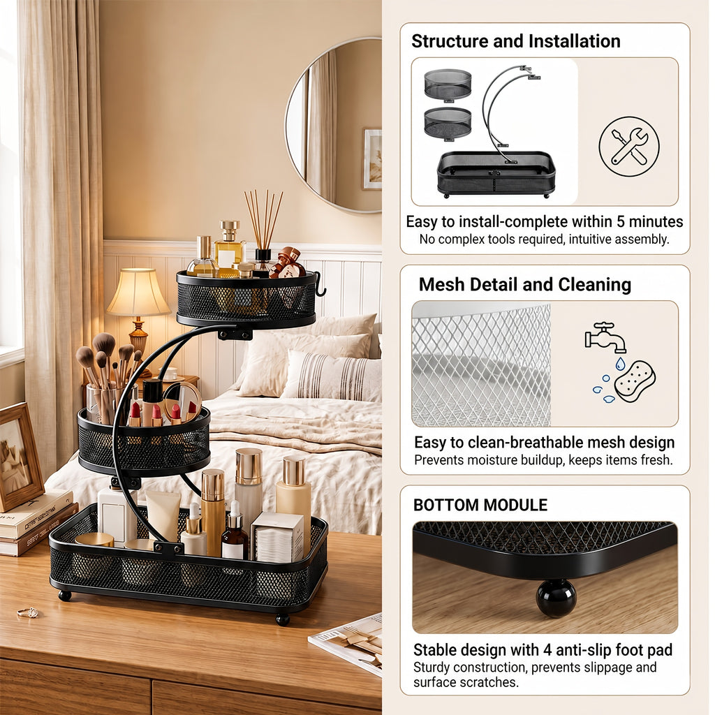3-tier Metal Bathroom Storage Rack, Includes A Spray Bottle | Hooks - Space-saving Countertop Organizer For Cosmetics, Skincare, And Toiletries | Rust-resistant Diamond Mesh Design | Sturdy And Durable, Suitable For Vanities, Bathrooms, Wardrobes