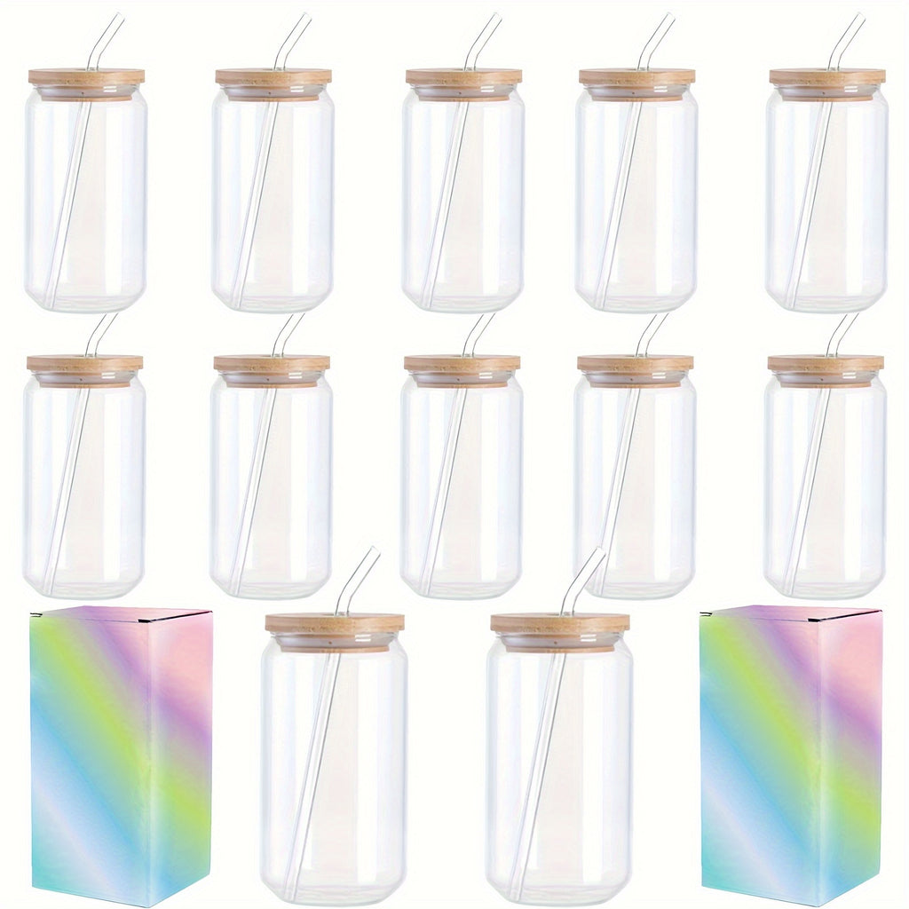 12Pack Sublimation Frosted/ Clear Glass Cups with Bamboo Lid 16oz Glasses Tumbler with Straw and Brush