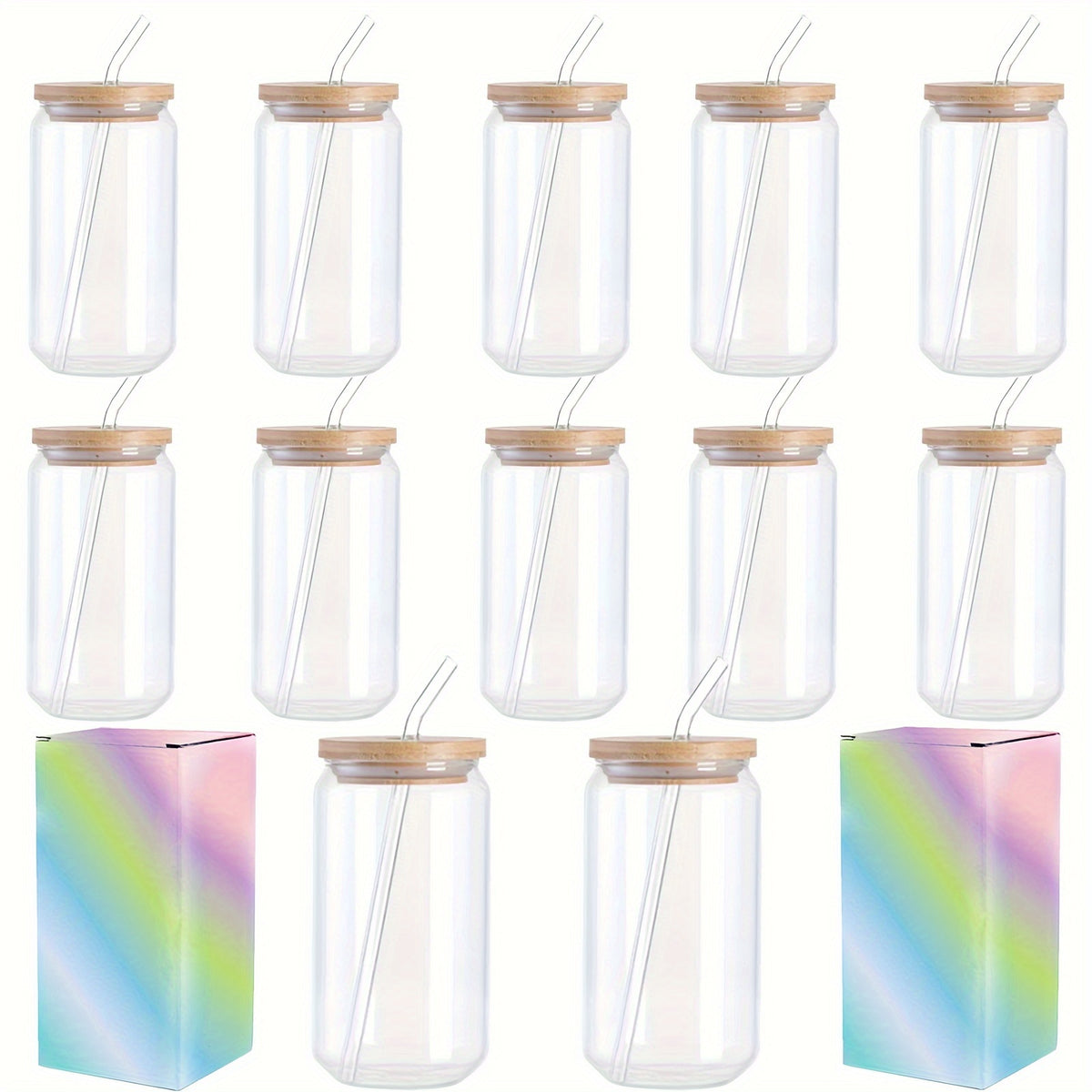 12Pack Sublimation Frosted/ Clear Glass Cups with Bamboo Lid 16oz Glasses Tumbler with Straw and Brush