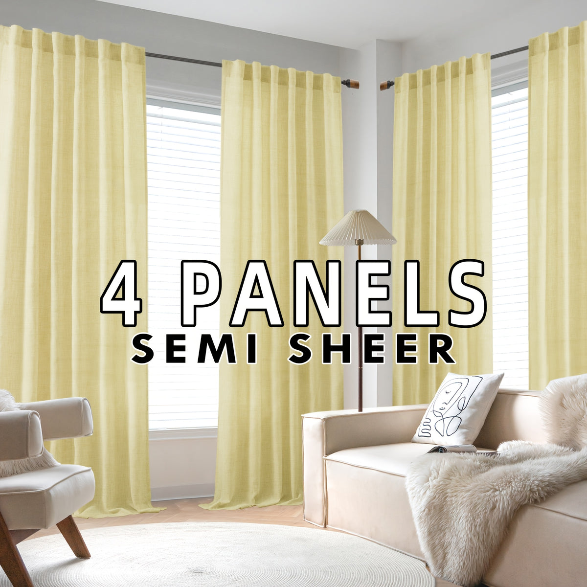 4 Panels Natural Linen Curtains for Living Room Semi Sheer Farmhouse Real Flax Rod Pocket Back Tab Boho Rustic Light Filtering Window Drapes for Bedroom Privacy Assured