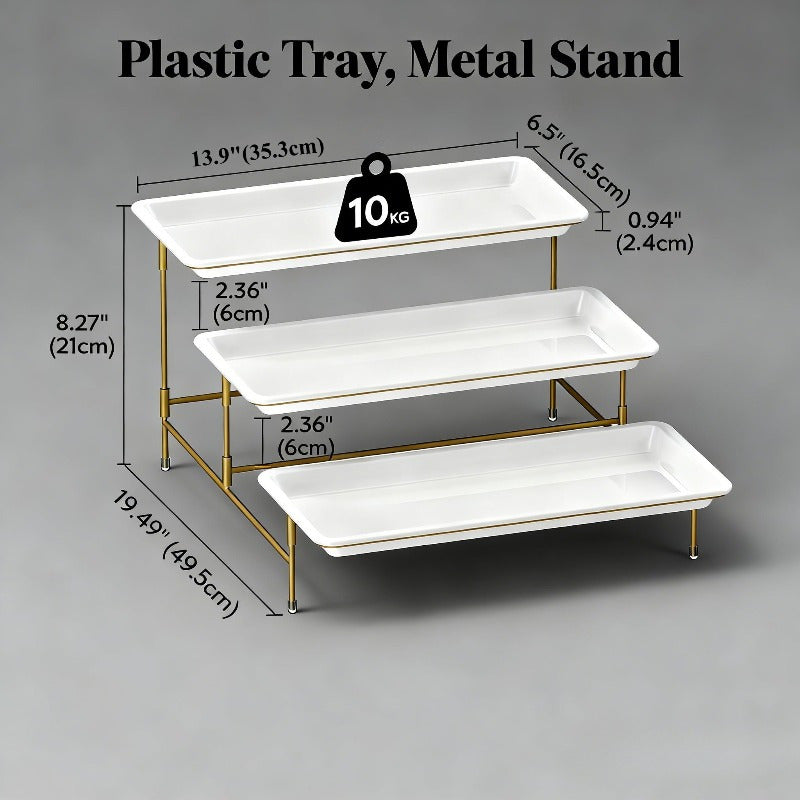 12" x 6.5" Platters for Serving Food, 3 Tier Plastic Serving Tray for Party Supplies, White Reusable Trays with Metal Display Stand for Veggie, Fruit, Dessert