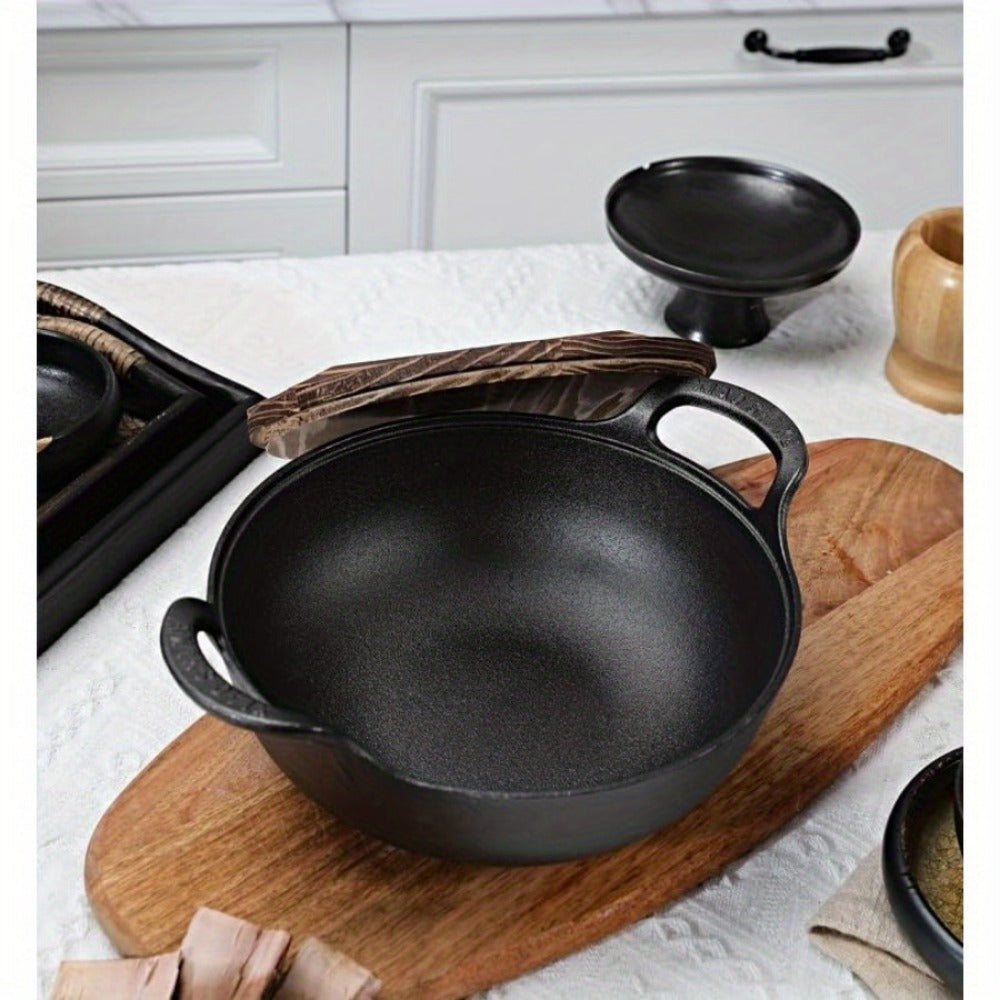 2-Piece/1-Piece Pre-Seasoned Cast Iron Wok Set - Grill & Stove Pan with Handles, Oven Safe Nonstick Skillet for Stir Fry, BBQ, Camping (No Lid)