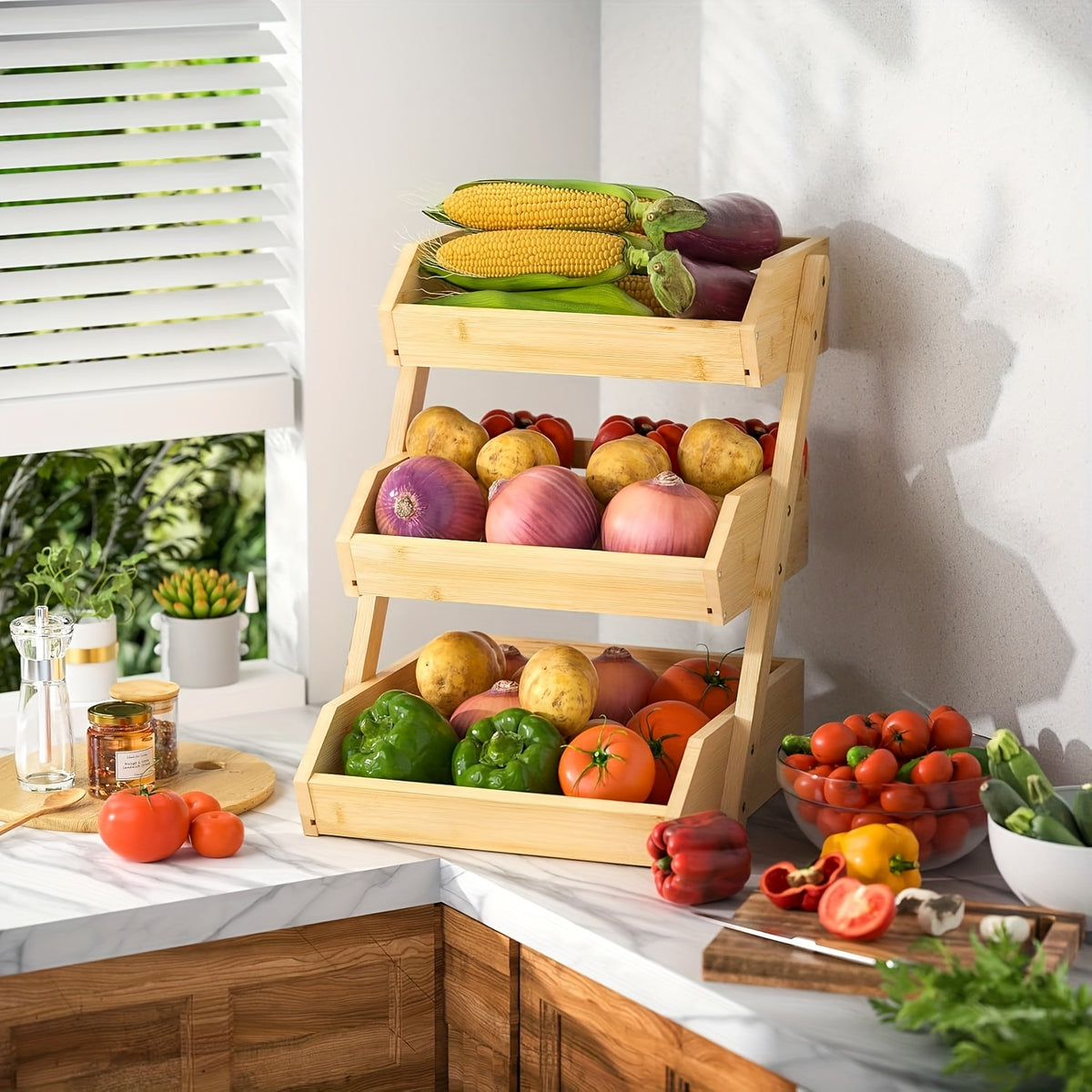 3/2-Tier Wooden Fruit Basket Stand - Large Capacity Kitchen Organizer with Open Slat Design for Vegetables, Bread & Produce | Multi-Level Countertop Storage Shelf - Easy Assembly & Natural Wood Finish