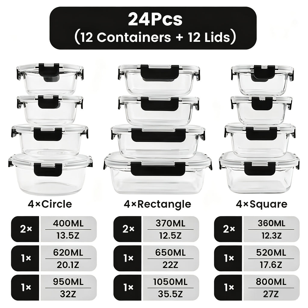 24pcs Glass Food Storage Containers with Lids, Meal Prep, Pantry Kitchen Storage Containers for Lunch, Leak Proof, Airtight Glass Lunch Bento Boxes for Microwave, Oven, Freezer And Dishwashe(12Lids+12Containers)